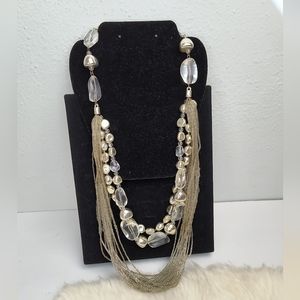 Chico's Chunky Necklace Multi Strand Acrylic Clear Smoke Silver Tone Bea…